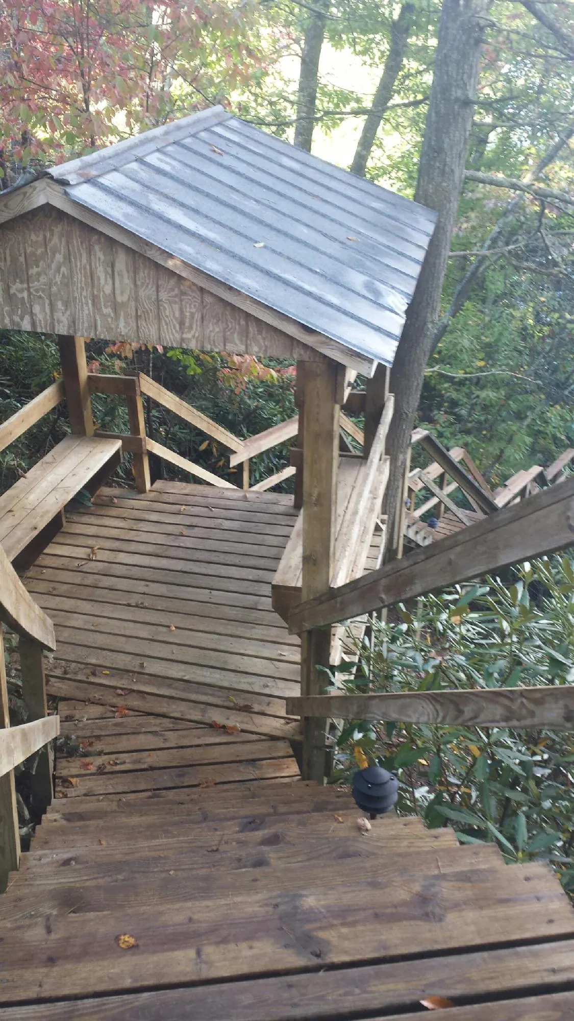 Metal roofed shelter over wooden steps on a wooded walkway — Skylight Repair & Installation work by our crew in Mineola